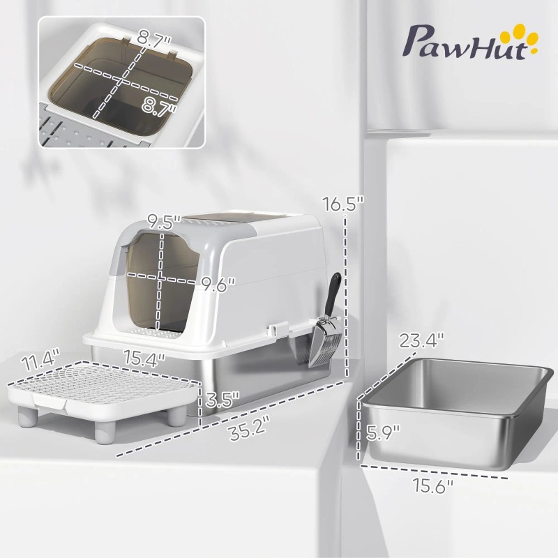 Extra Large Stainless Steel Cat Litter Box with Enclosure Scoop