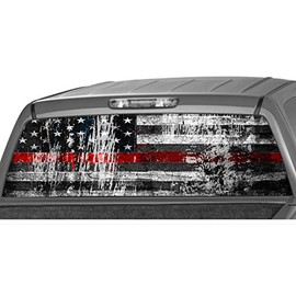 American Flag Distressed Red Thin Line USA Rear Window Graphics Firefighter Decal Tint Perforated Sticker for Truck Vinyl Pickup Wrap Grunge (Custom Size up to 29" x 66")