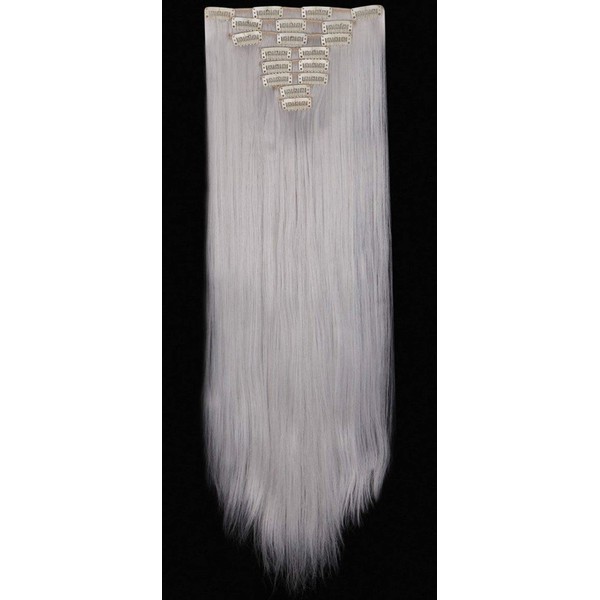 Clip-In Hair Extensions Like Real Hair Synthetic Hair Piece 8 Wefts 18 Clips for Complete Full Head Hair Extensions 66 cm Straight Silver Grey