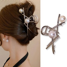 Silver Metal Claw Clips with Pearls - Elegant Large Banana Hair Clips, French Hair Accessories for Women