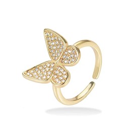 MiiFort Butterfly Adjustable Gold Plated CZ Simulated Diamond Statement Rings Eternity Bands for Women Daughter Mum Sister Girlfriend Wife