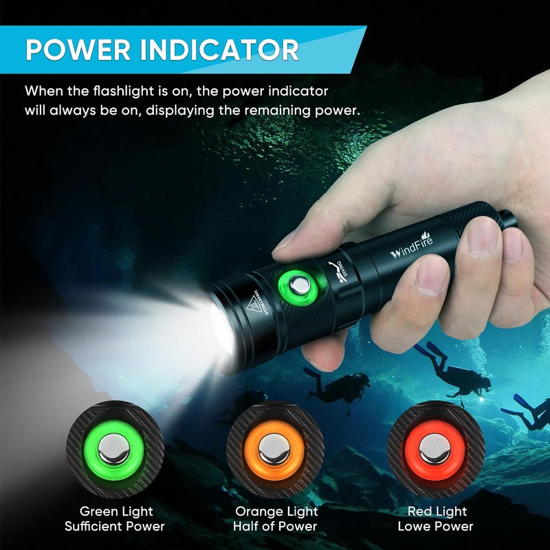 WindFire Dive Lights Scuba Diving Flashlight, IP68 Waterproof 262 ft