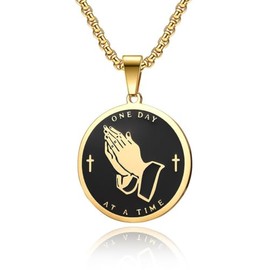 Men Women Stainless Steel Jewelry Serenity Prayer Cross Necklace Praying Hands Coin Medal Pendant (Gold, One size)