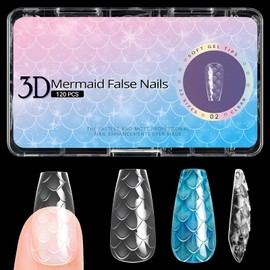 outopen 3D Fish Scales Coffin Nail Tips 120Pcs 12 Sizes Medium Coffin Shape Clear Acrylic Fake Nails Full Cover False Nails Tips Press On Nails for Nail Extension Salon Manicure Home DIY