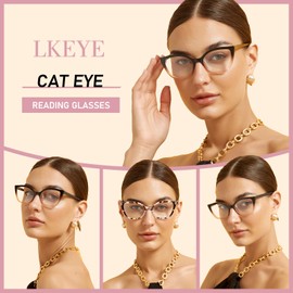 LKEYE Cat Eye Reading Glasses Women Blue Light Cute Computer Readers Stylish Spring Hinge Designer Ladies Eyewear 2pcs Black Pink+White Demi +1.0x