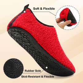 QFH Mens Womens Sock Shoes Teddy Fleece Closed Back Slippers Mens Comfortable Bedroom Shoes Women Home Slipper Pure Red 4-5 Women/3-4 Men