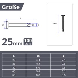 ORTAVA Pack of 100 Steel Nails, Nails for Concrete Walls, Galvanised, Nail Woodworking Brick, Universal Use Indoor and Outdoor Use, Black (25 mm)