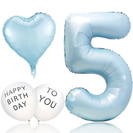 Ptyceler Birthday Balloons, Number Balloons, Set of 5, Pastel, Blue, Light Blue, 32 Inches, Approx. 27.6 inches (70 cm), Simple Birthday Decoration, Birthday Decoration, For Photography, Balloons