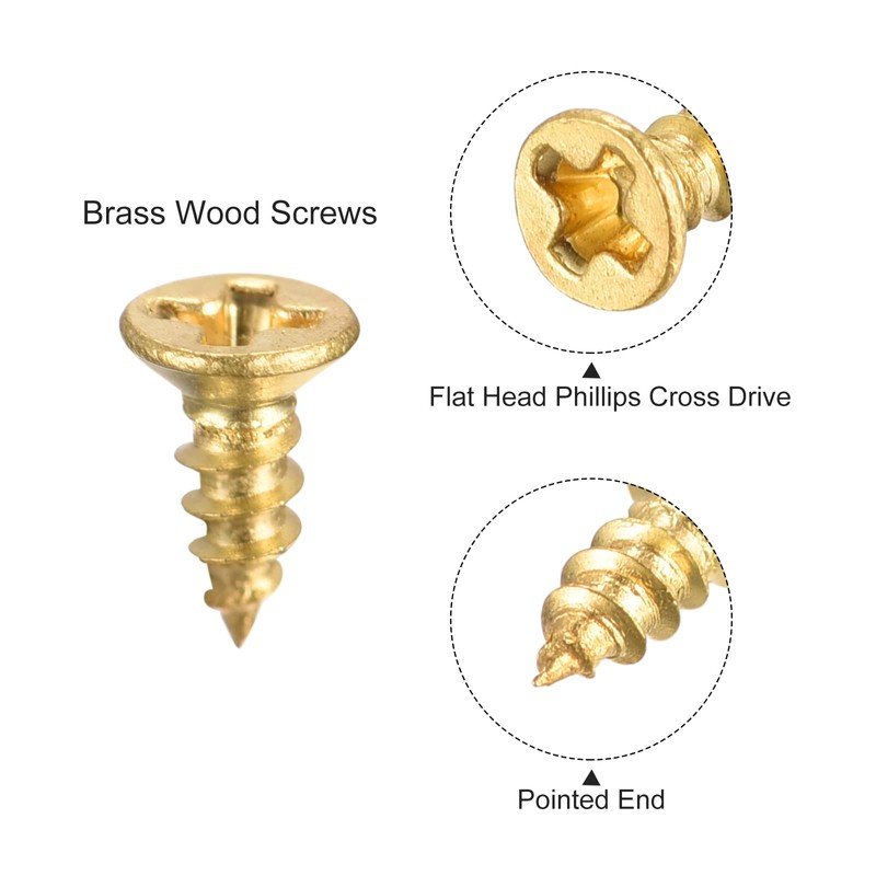 sourcing map Brass Wood Screws, M2x5mm Phillips Flat Head Self