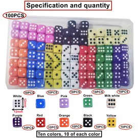 HUAZIZ Pack of 100 Dice 12 mm Colourful Dice, 6 Sided 10 Colours, Translucent, Colours Dice Set for Dice Games, Table Games, Board Games, Math Games