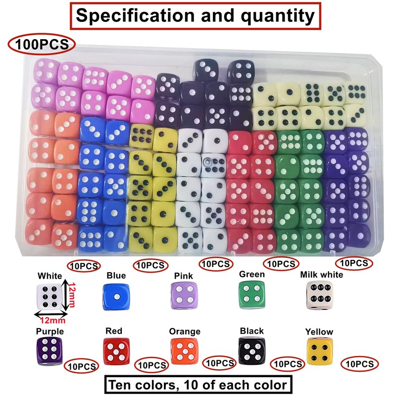 HUAZIZ Pack of 100 Dice 12 mm Colourful Dice, 6