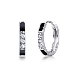 PHNIBIRD Hoop Earrings Made of 925 Silver Hoop Earrings with Stone Black Unisex Earrings Hoop Earrings Small Gift for Women Men, Sterling Silver, Zircon
