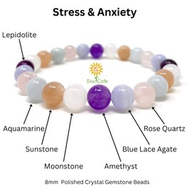 Stress and Anxiety Power Bead Bracelet - Crystal Gemstones - Gift Box and Tag - Moonstone, Lepidolite, Blue Lace Agate, Amethyst, Aquamarine, Rose Quartz, Sunstone