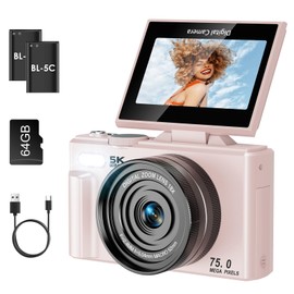 SOPPY 5K Digital Camera with WiFi Transfer, 75MP Vlogging, 18X Zoom & 3" Flip Screen, Auto Focus YouTube Camera, 64GB SD Card Included, Compact for Kids, Teens & Beginners, Pink