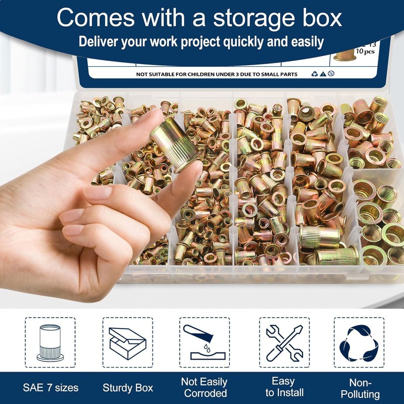 Vifmy SAE Rivet Nut Assortment Kit(880 Pcs), #6-32#8-32#10-24 1/4"-20 5/16"-18