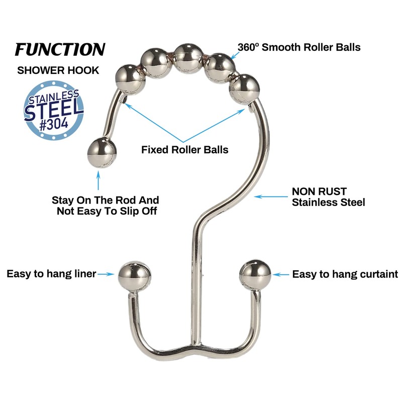 Brushed Nickel Shower Rod with 12 Hooks, Adjustable Length Range