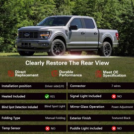 Marretoo for Ford F150 Left Driver Side Door Mirror replacement for 2021-2025 F-150 Accessories 7pins Power Glass Heated Blind Spot Monitoring(BSM) ML3Z17683VA LH