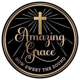 Craig Bachman, Waterproof Amazing Grace Metal Wall Sign, 12 Inch Round, Black and Gold, Religious Cross Design, Wreath Accent