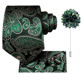 Hi-Tie Black Green Paisley Ties with Flower Lapel Pin Men Silk Necktie Pocket Square Cufflinks for Tuxedo Wedding Business