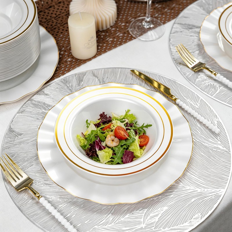 50 Pack 12oz Peal White Plastic Bowls with Gold Rim