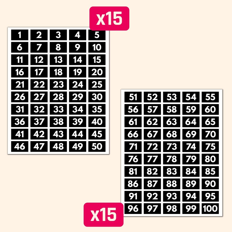 15 Sets - Number Stickers 1-100, Waterproof Vinyl - White