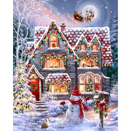 Springbok's Christmas Eve Cottage 1000 Piece Jigsaw Puzzle is a Classic Image of a Cozy Christmas Cottage Complete with Snowman and Santa Sailing Above in His Sleigh