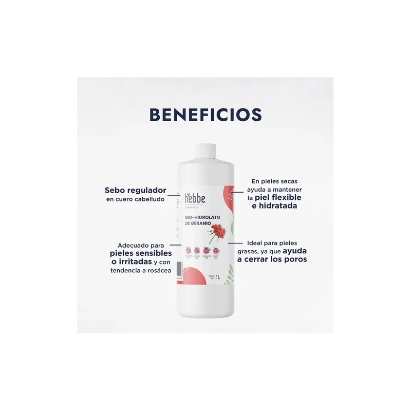 Hidrolato de Geranio 1L Hebbe Cosmetics Tónico Facial para Piel