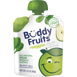 Buddy Fruits Pure Blended Fruit and Veggies Apple, Pear and Spinach Applesauce | 100% Real Fruits & Veggies | No Sugar, Non GMO, Vegan, No Preservatives, Certified Kosher | 3.2oz Pouch 18 Pack