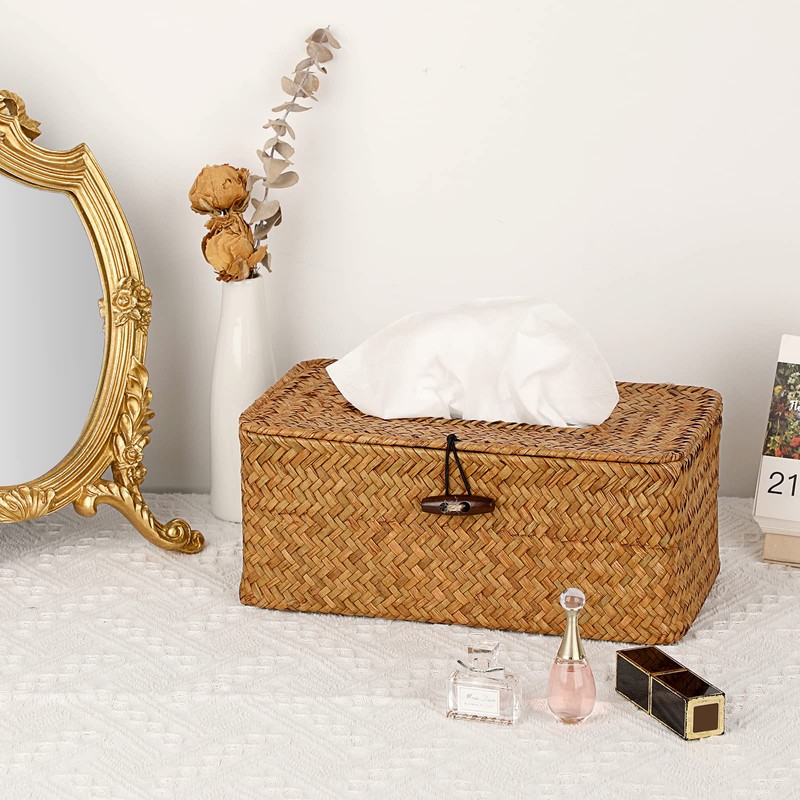 BTSKY Household Rectangular Seagrass Facial Tissue Box - Decorative Woven