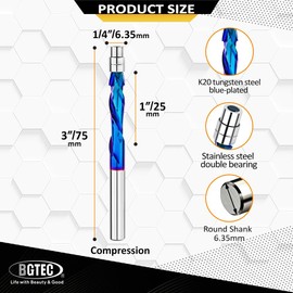 BGTEC Spiral Flush Trim Router Bits, Compression Cut Spiral bit 1/4" Shank and 1-1/8" Cutting Length Solid Carbide Flat Tip Trimming Bits with Nano Coating for Woodworking Trimming