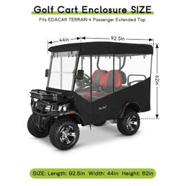 Golf Cart Enclosure 4 Passenger for EDACAR TERRAIN 4 MODEL Waterproof Transparent Driving Rain Cover Fit 4-Seater Long Roof with 4-Sided Clear Windows Mirror Openings Roll-up Zipper Door Black