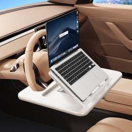 Angle Adjustable Car Steering Wheel Desk,3 in 1 Car Steering Wheel Tray,Car Laptop Mount | Car Reading Stand | Car Food Tray with Drinks Holder, Multipurpose Travel Car Accessories-White