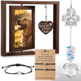 Blosssound Dog Memorial Gifts Pet Memorial Suncatcher Rotating Wooden 4 x 6 Picture Frame 2 Pcs Paw Print Friendship Bracelets for Loss of Dog Cat Passing Away Sympathy Bereavement Remembrance Gifts