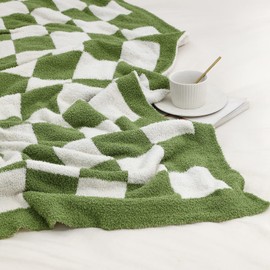 bearberry Fuzzy Checkerboard Grid Throw Blanket Soft Cozy Warm Microfiber All Season Blanket Decor for Couch Sofa Bed Travel Home (Avocado Green, 50''x60'')