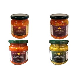 Combo Pack : 1 Sambal Bawang - 185g 1 Sambal Mantah - 185gr 1 Red Chili Sauce With Shrimp Paste (Sambal Terasi) 1 Sambal Ijo - 16.5oz