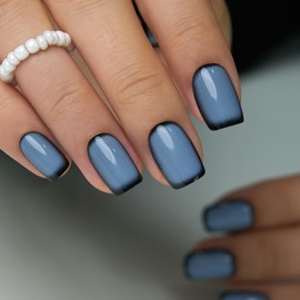 CurvLife Press on Nails Short Square Blue Ombre, 30PCS Glossy Acrylic Fake Nails with Design, Full Cover Reusable Glue on Nails Kit with Nail Glue, Adhesive Tabs & Nail File