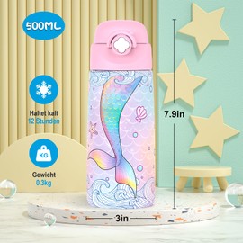 Ntswasd Children's Stainless Steel Drinking Bottle, Straw, Thermos Flask, 500 ml, BPA-Free, Leak-Proof, Thermal Water Bottle for School, Nursery (Mermaid)