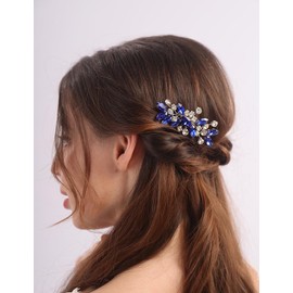 Teyglen Blue Rhinestone Bridal Side Comb Crystal Bride Wedding Hair Comb Sparkly Hair Accessories Rhinestone Headpiece for Women Hair Piece (Blue)