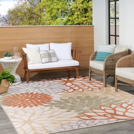 Nourison Aloha Indoor-Outdoor Ivory Multicolor 7'10" x 10'6" Area Rug, Easy Cleaning, Non Shedding, Bed Room, Living Room, Dining Room, Backyard, Deck, Patio (8x11)