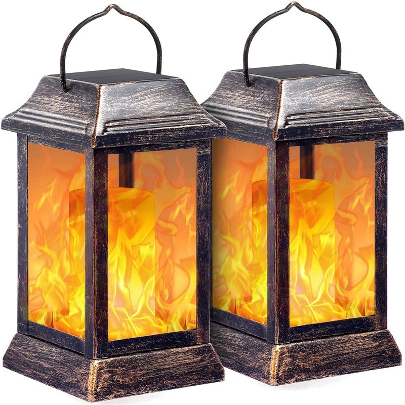TomCare Flickering Flame Solar Lights Outdoor Metal Hanging Lantern, 2