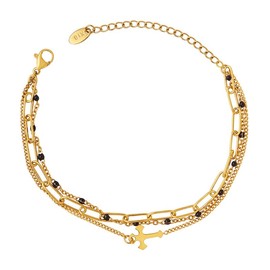 Lansora Cross Bracelet Gold Plated Titanium Steel Cross Pendant Charm Adjustable Chain Layered Paperclip Bracelet Stackable Jewelry for Women, 16cm+5cm, no gemstone