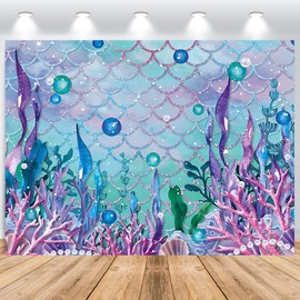 ASDCXZ Mermaid Photo Backdrop 7x5FT, Dreamy Under the Sea Purple Turquoise Mermaid Scales Coral Photography Backdrop Princess Girl 1st Birthday Baby Shower Party Decoration Banner Studio Props