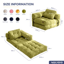 MAXYOYO Folding Sofa Bed, L-Shaped Convertible Sofa Bed with Armrest Foldable Sleeper with Pillow, Portable Fold Out Chair Bed Comfy Floor Sofa Lounge for Living Room Bedroom, Green