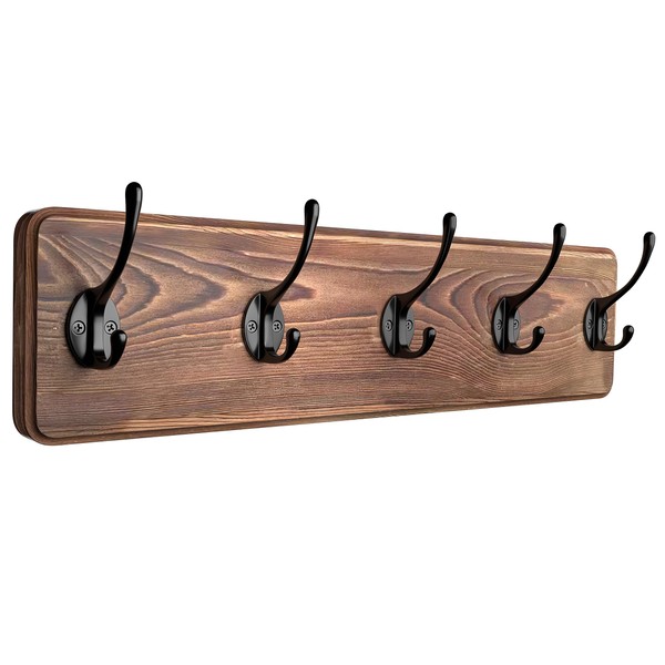 SAYONEYES Wood Coat Rack Wall Mount with 5 Metal Coat Hooks for Hanging – 17 Inch Heavy Duty Premium Solid Pine Wood – Wall Hooks Rack for Bathroom, Bedroom, Entryway (Brown)