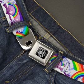 Buckle-Down Seatbelt Belt - Unicorns in Rainbows w/Sparkles/Purple - 1.5" Wide - 24-38 Inches in Length