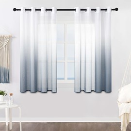 Mrtrees Voile Curtains with Colour Gradient, Transparent Curtain, Short Linen Look Tulle Curtain with Eyelets, Modern for Decoration of Children's Room, Living Room, Bedroom, Grey Set of 2