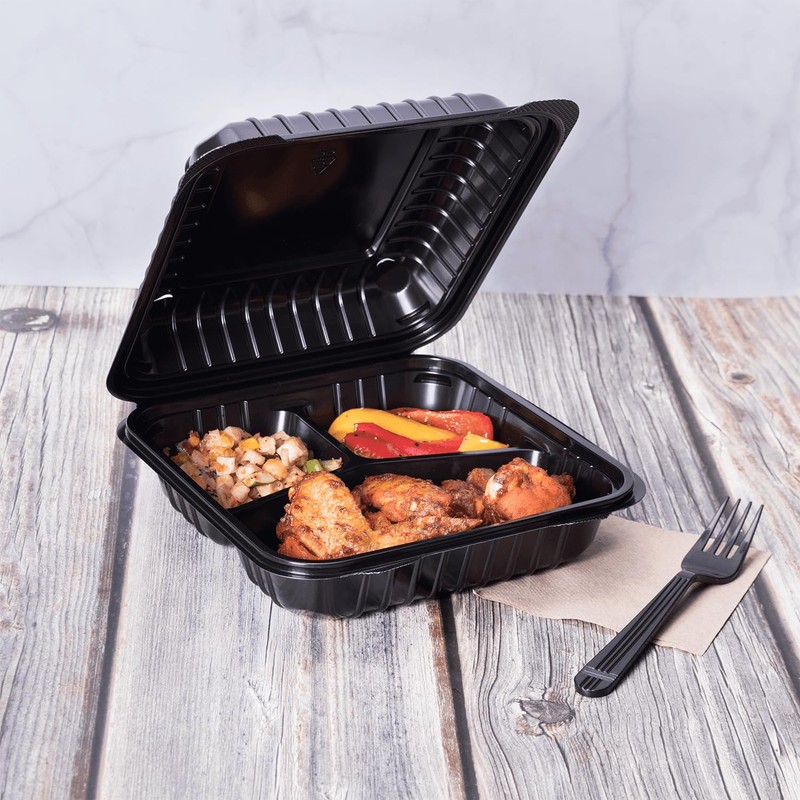 Karat 8'' x 8" Black PP Hinged Container, 3 compartment