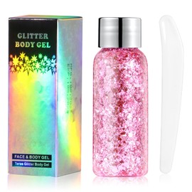 URAQT Body Glitter Gel, Chunky Glitter Gel, Chunky Body Lotion Glitter Liquid Eyeshadow, Mermaid Sequins Sparkling for Face Hair Lips Nails Make Up Cosmetic Festival (Pink)
