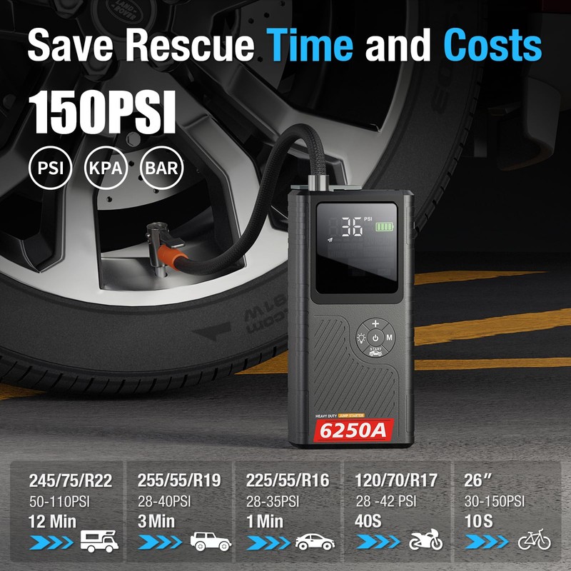 CS02 6250A Peak Jump Starter with Air Compressor, 12000mAh Battery