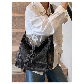 MakeMeChic Women's Ripped Denim Shoulder Handbags Buckle Wide Strap Grunge Tote Bags Black One Size